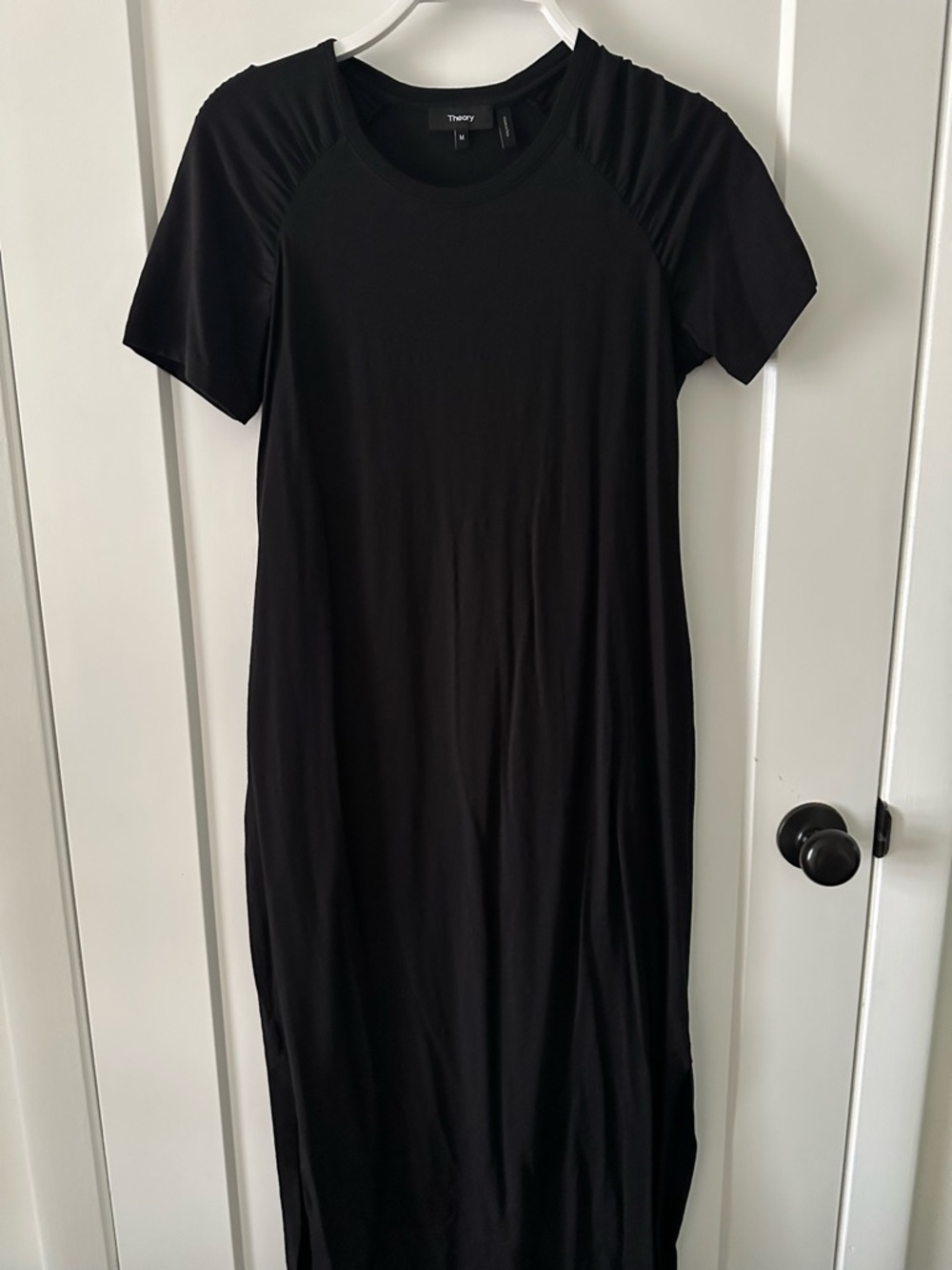 Theory Women’s Black Maxi Dress with Gathered Shoulder Detail